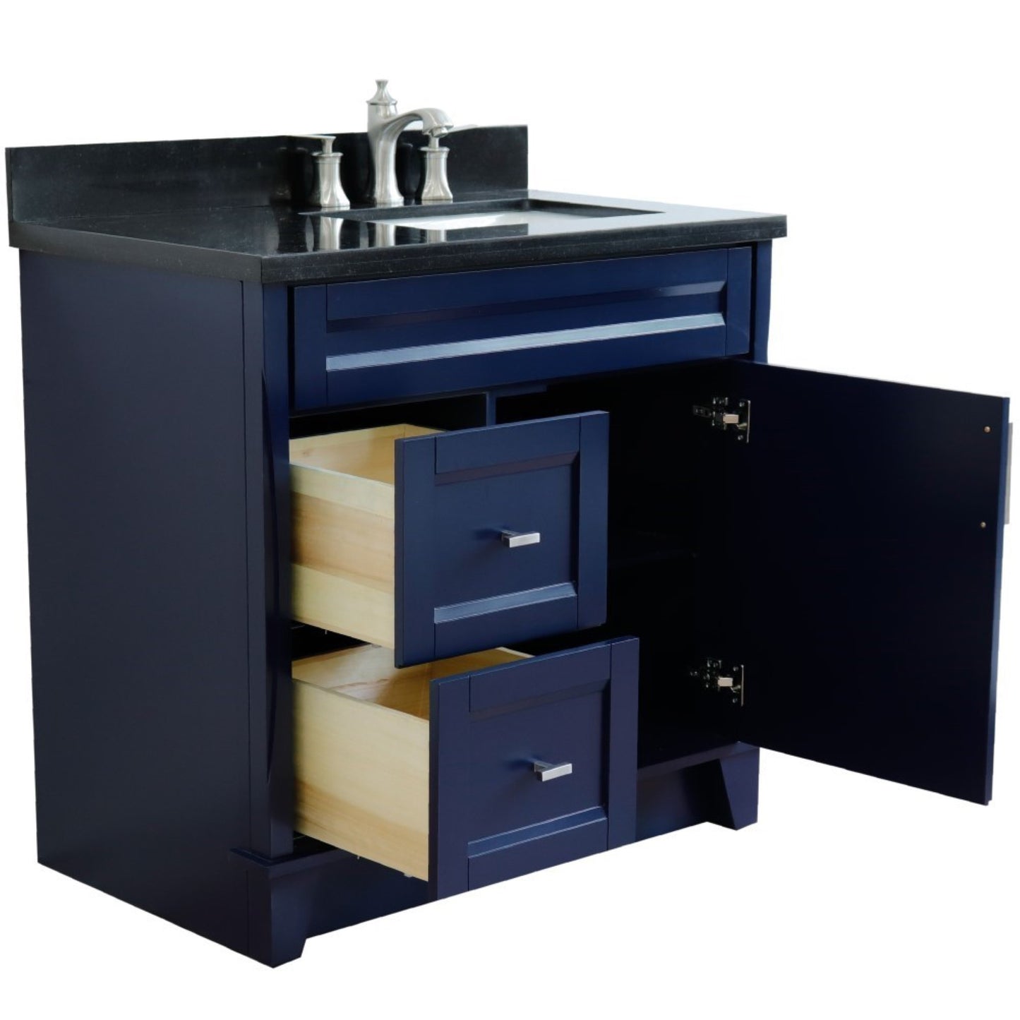 37" Single sink vanity in Blue finish with Black galaxy granite and LEFT rectangle sink RIGHT drawers