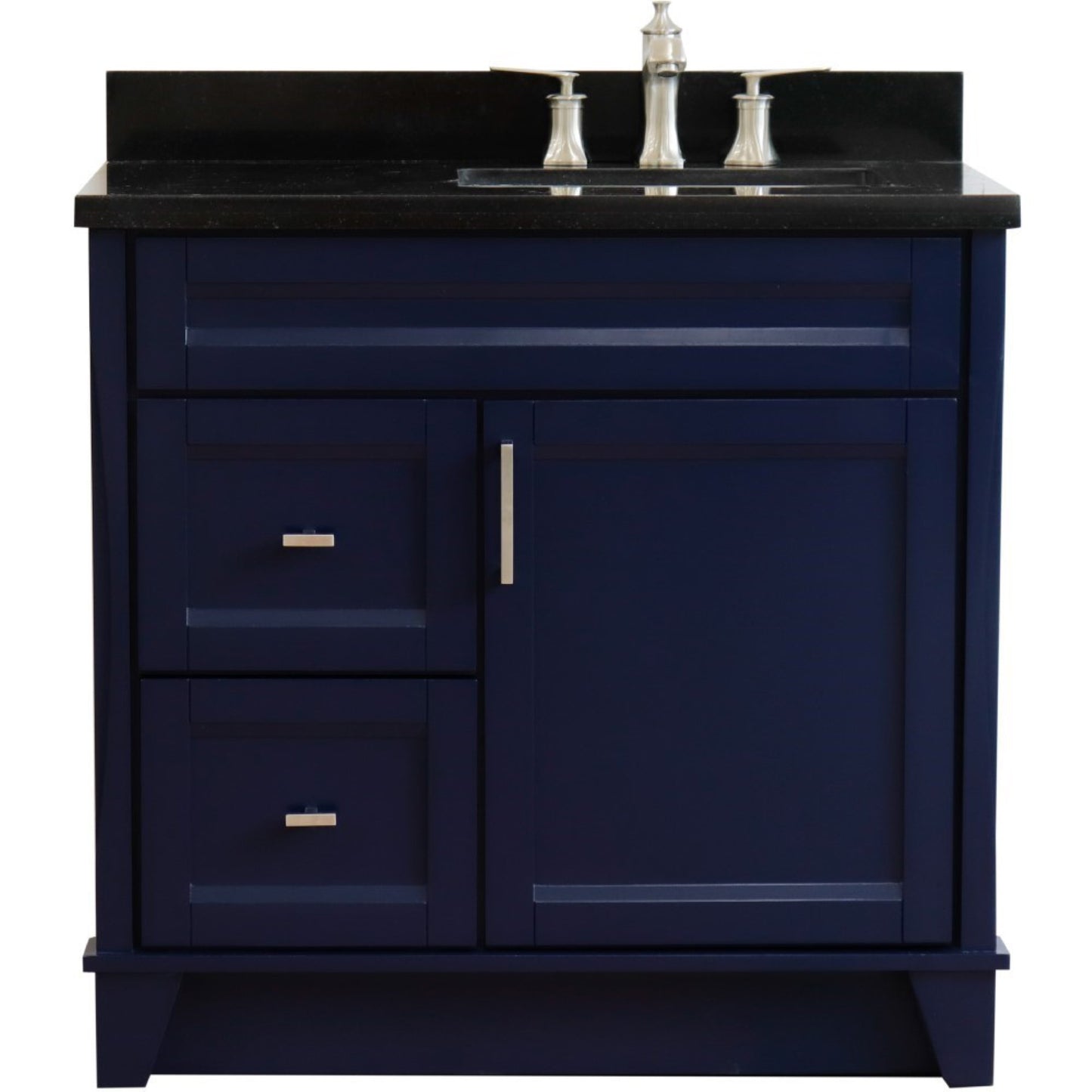 37" Single sink vanity in Blue finish with Black galaxy granite and LEFT rectangle sink RIGHT drawers