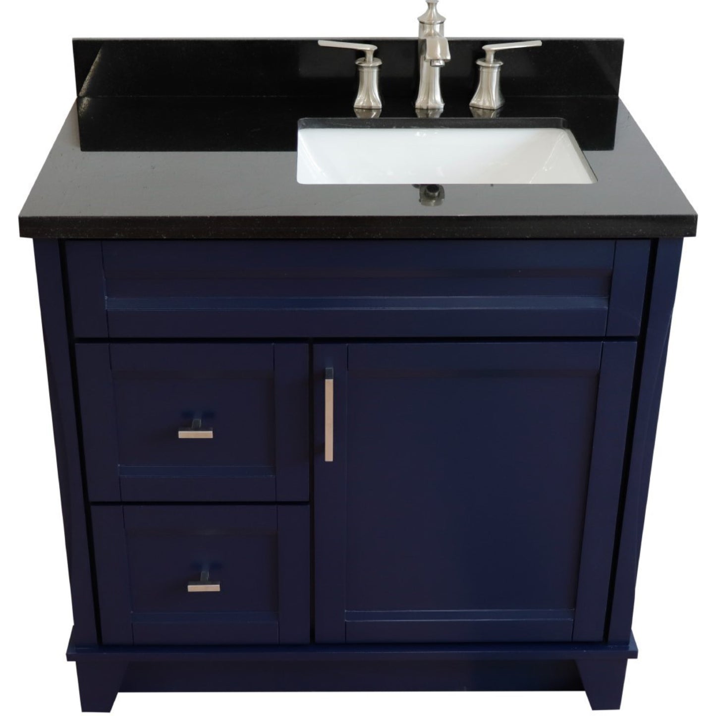 37" Single sink vanity in Blue finish with Black galaxy granite and LEFT rectangle sink RIGHT drawers