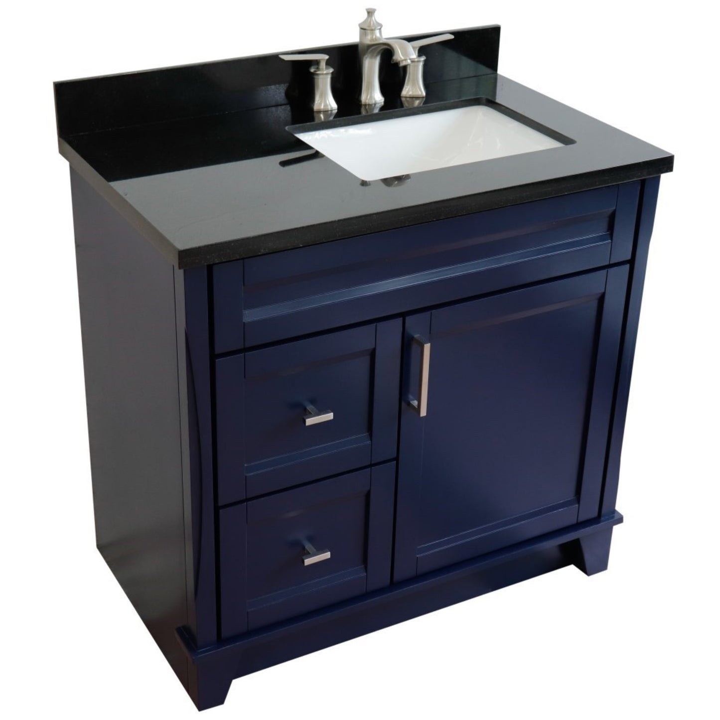 37" Single sink vanity in Blue finish with Black galaxy granite and LEFT rectangle sink RIGHT drawers