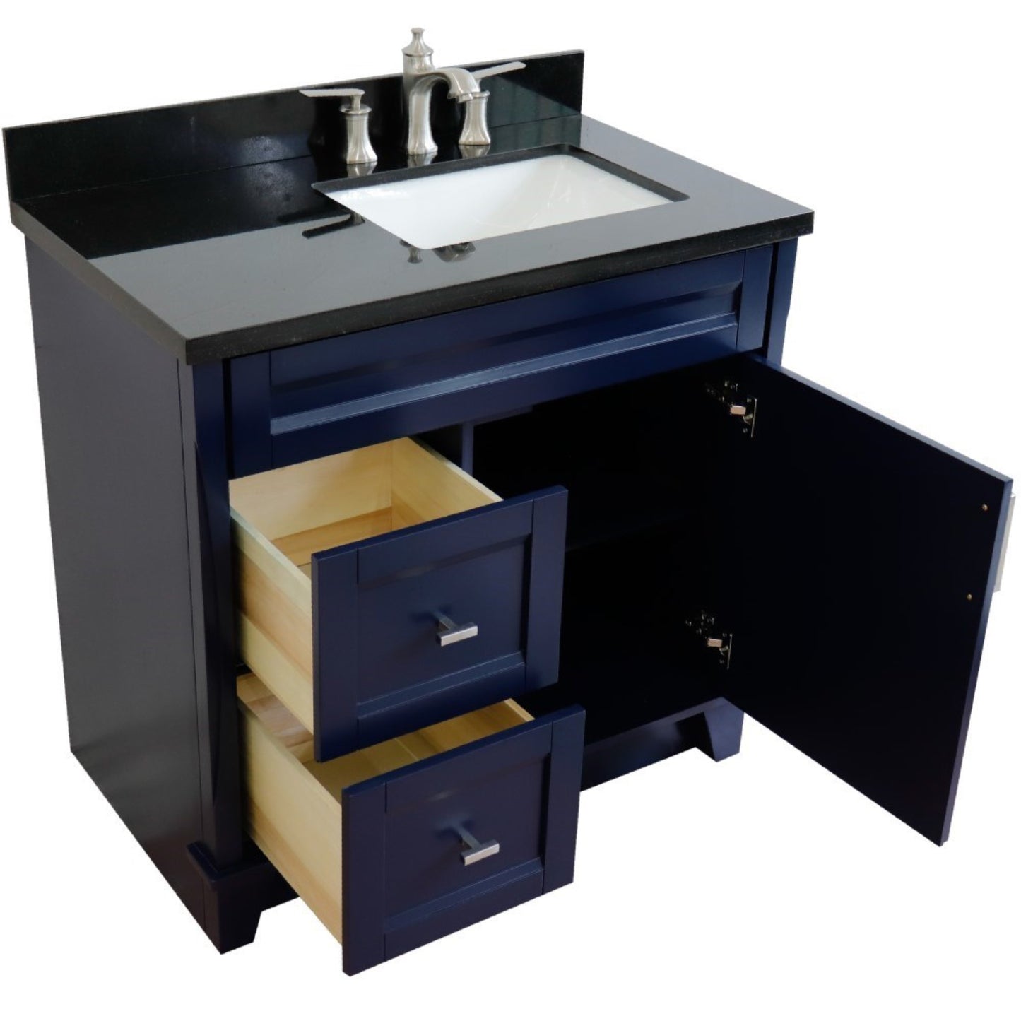 37" Single sink vanity in Blue finish with Black galaxy granite and LEFT rectangle sink RIGHT drawers