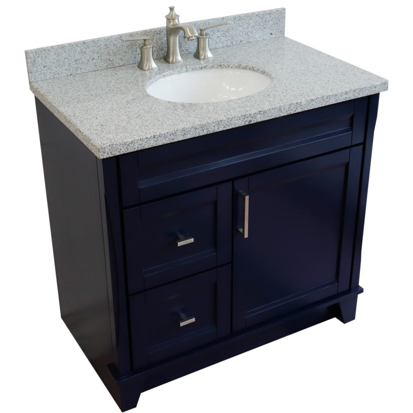 37" Single sink vanity in Blue finish with Gray granite and CENTER oval sink RIGHT drawers