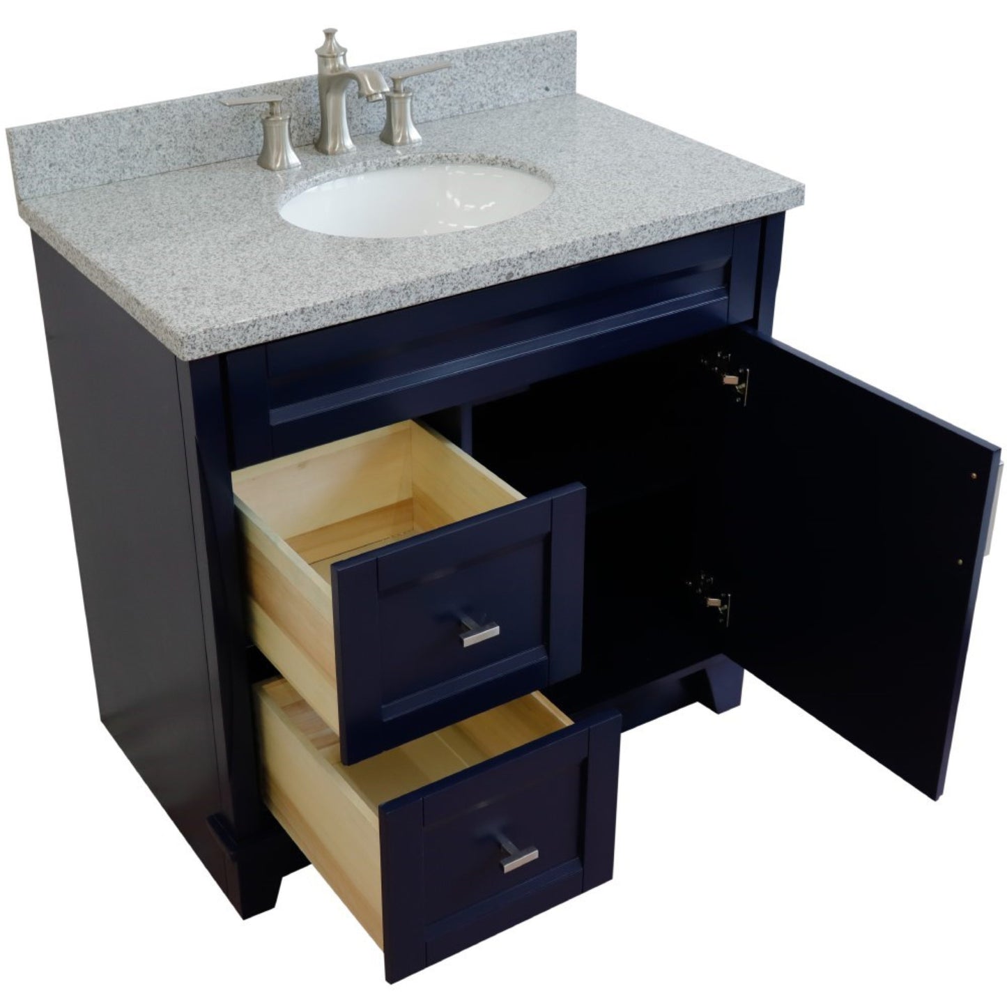 37" Single sink vanity in Blue finish with Gray granite and CENTER oval sink RIGHT drawers
