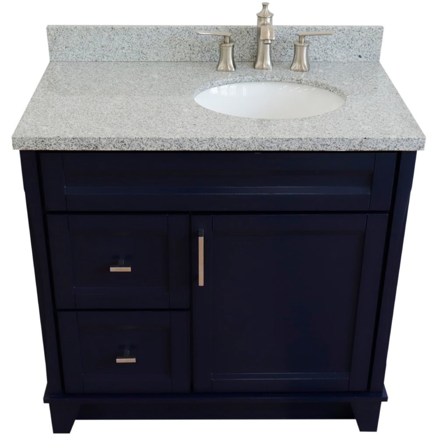 37" Single sink vanity in Blue finish with Gray granite and LEFT oval sink RIGHT drawers
