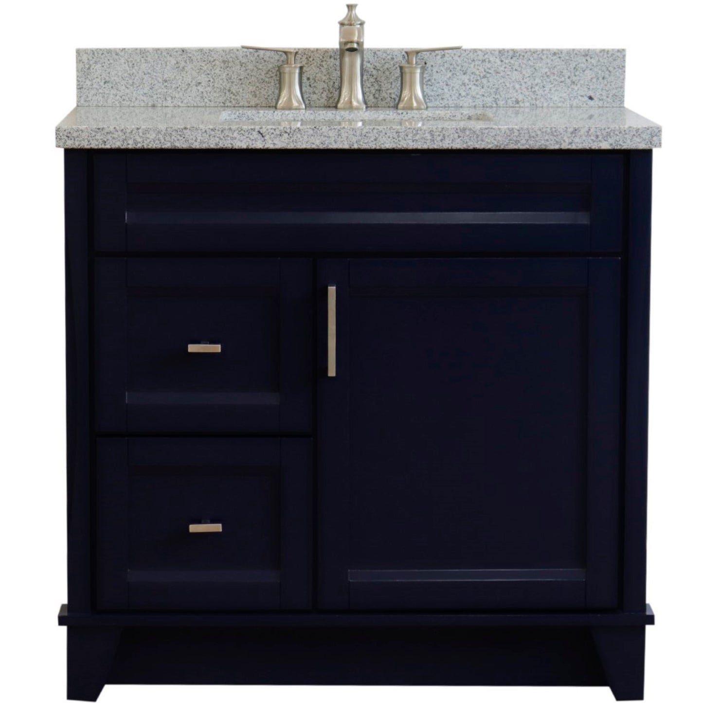 37" Single sink vanity in Blue finish with Gray granite and CENTER rectangle sink RIGHT drawers