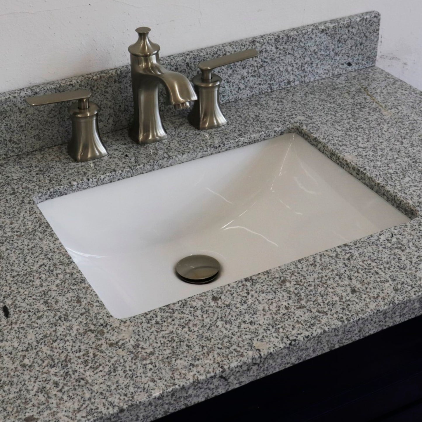 37" Single sink vanity in Blue finish with Gray granite and CENTER rectangle sink RIGHT drawers