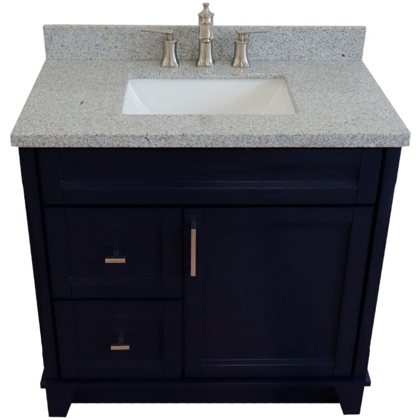 37" Single sink vanity in Blue finish with Gray granite and CENTER rectangle sink RIGHT drawers