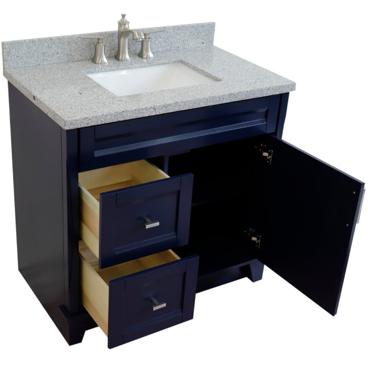 37" Single sink vanity in Blue finish with Gray granite and CENTER rectangle sink RIGHT drawers