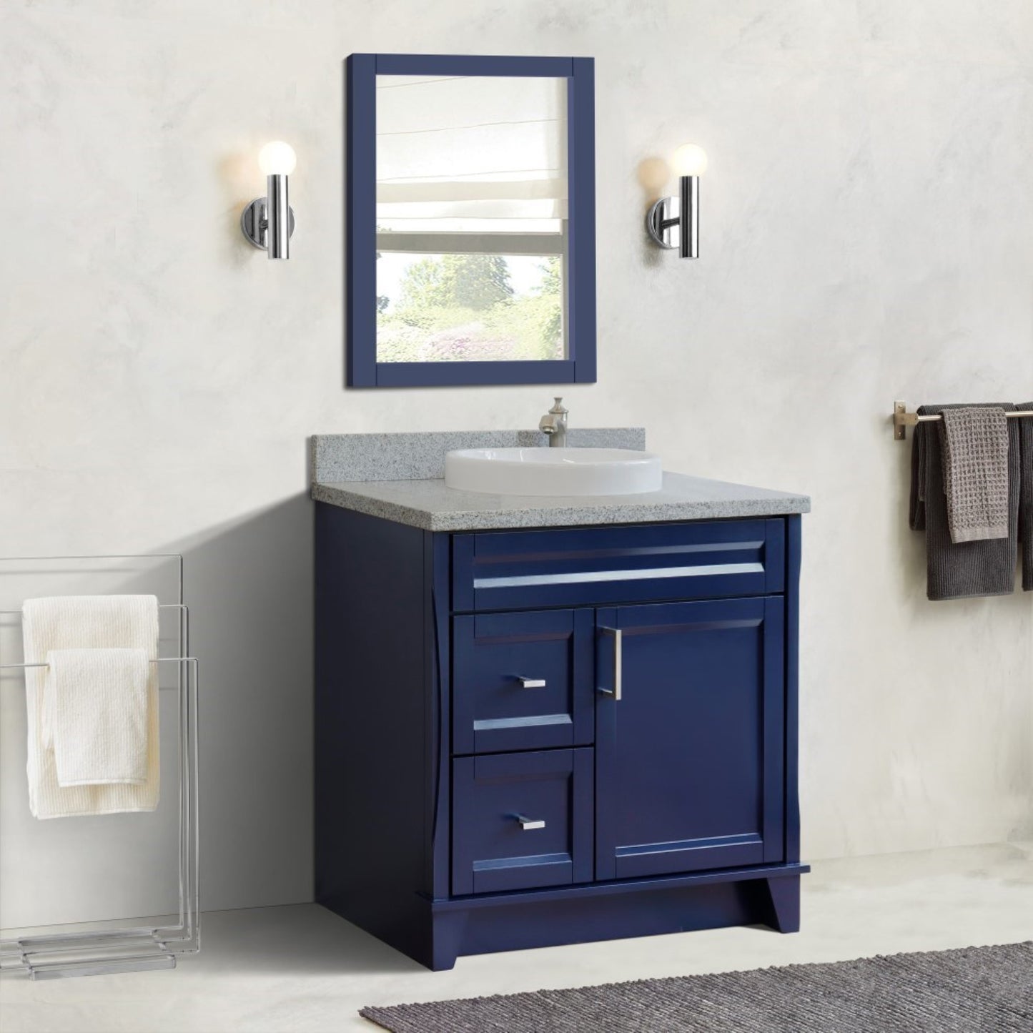 37" Single sink vanity in Blue finish with Gray granite and CENTER round sink RIGHT drawers