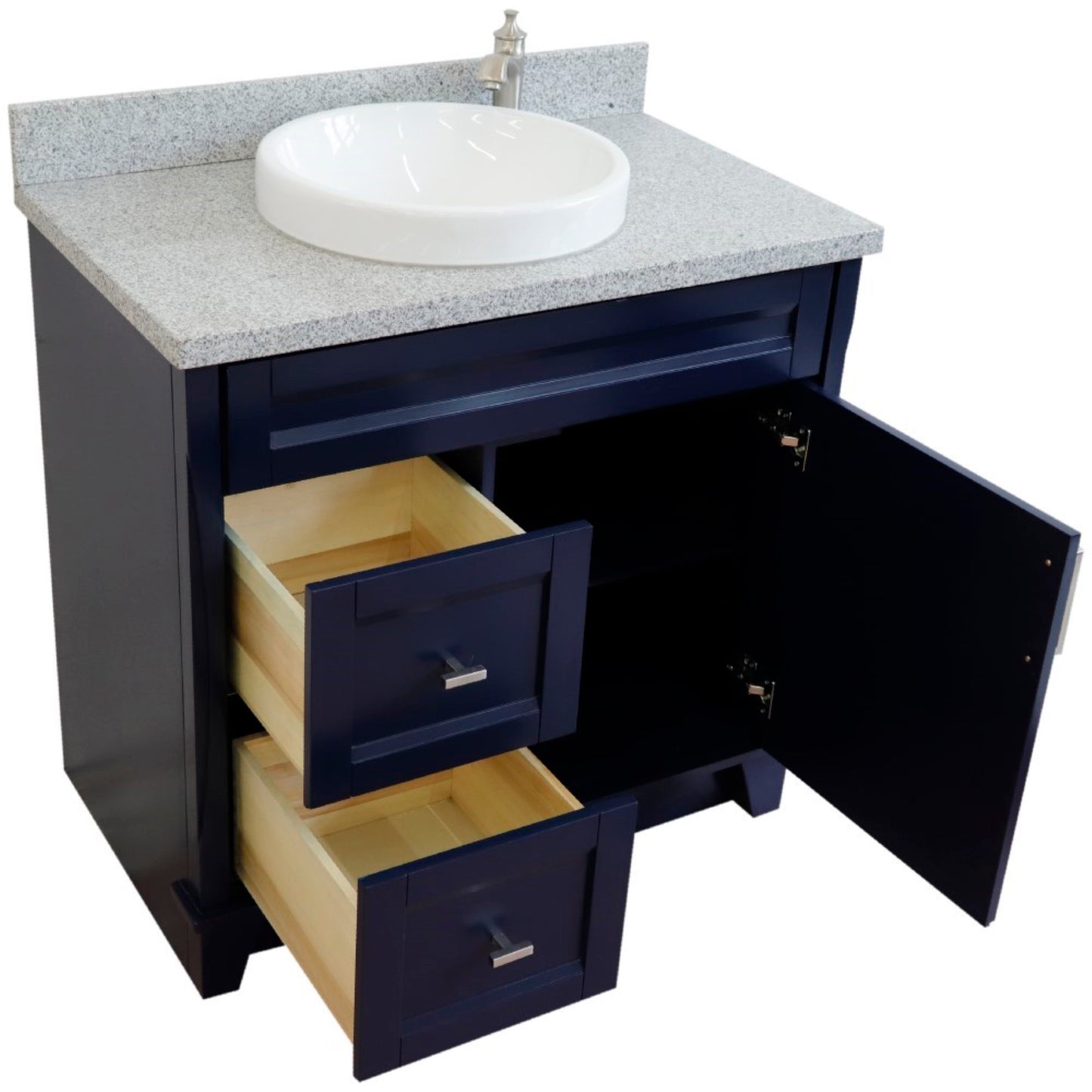 37" Single sink vanity in Blue finish with Gray granite and CENTER round sink RIGHT drawers