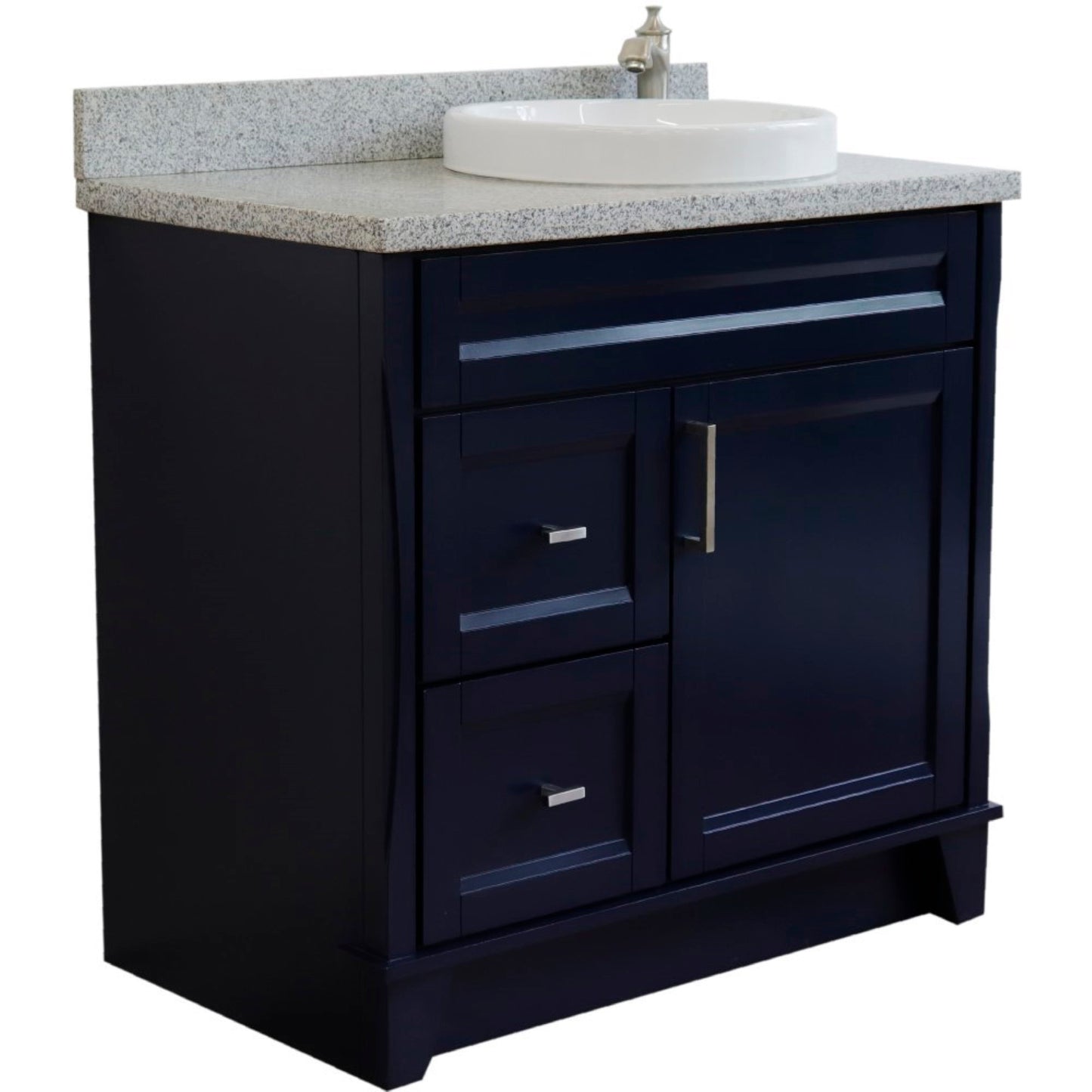 37" Single sink vanity in Blue finish with Gray granite and LEFT round sink RIGHT drawers