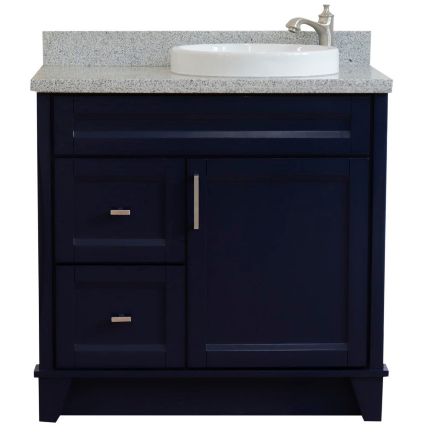 37" Single sink vanity in Blue finish with Gray granite and LEFT round sink RIGHT drawers
