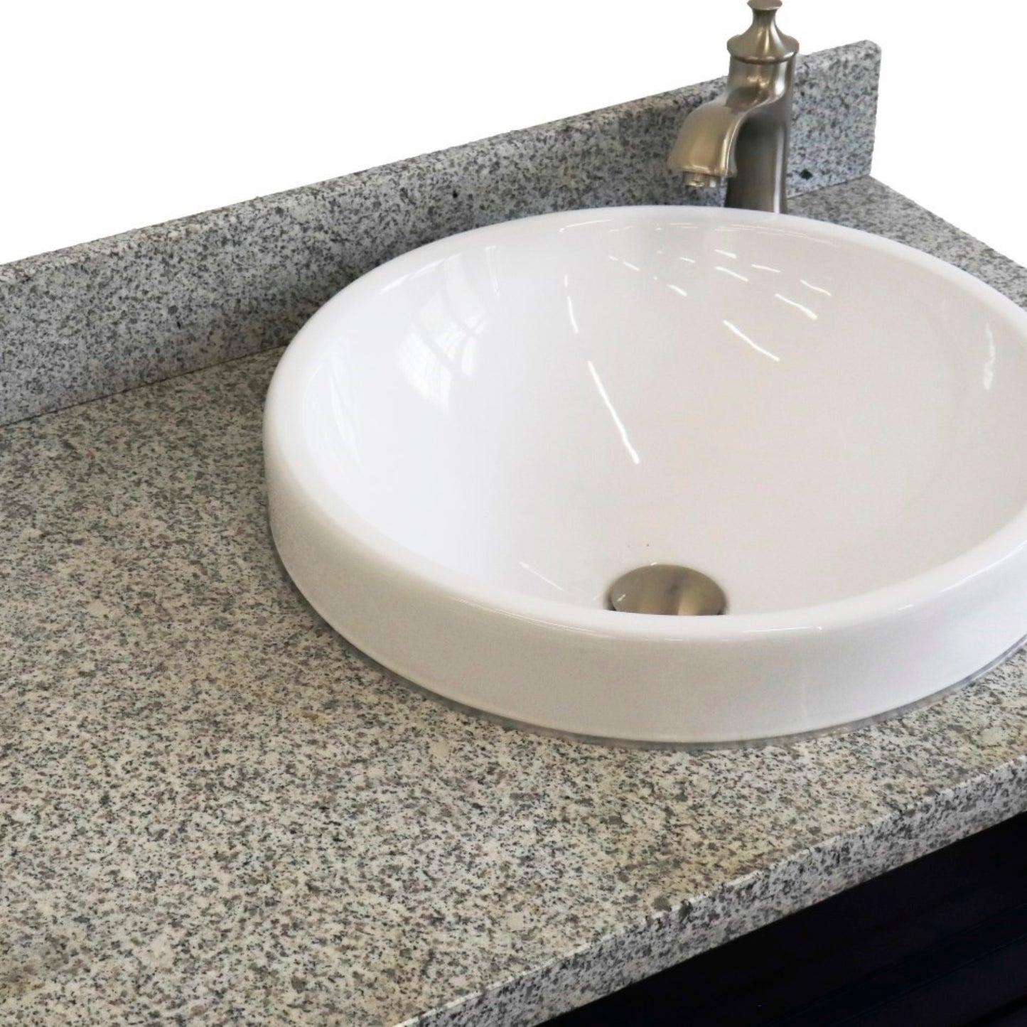 37" Single sink vanity in Blue finish with Gray granite and LEFT round sink RIGHT drawers