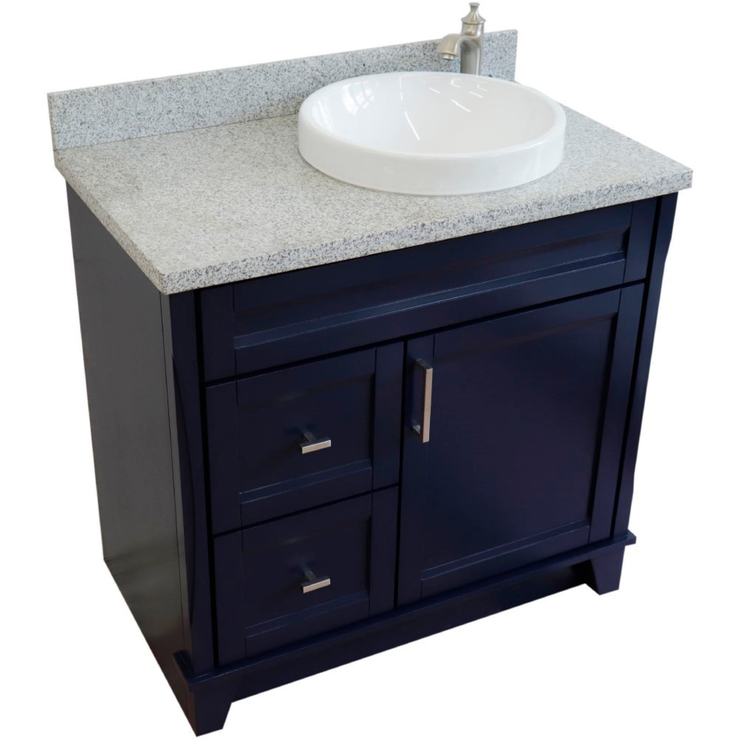 37" Single sink vanity in Blue finish with Gray granite and LEFT round sink RIGHT drawers