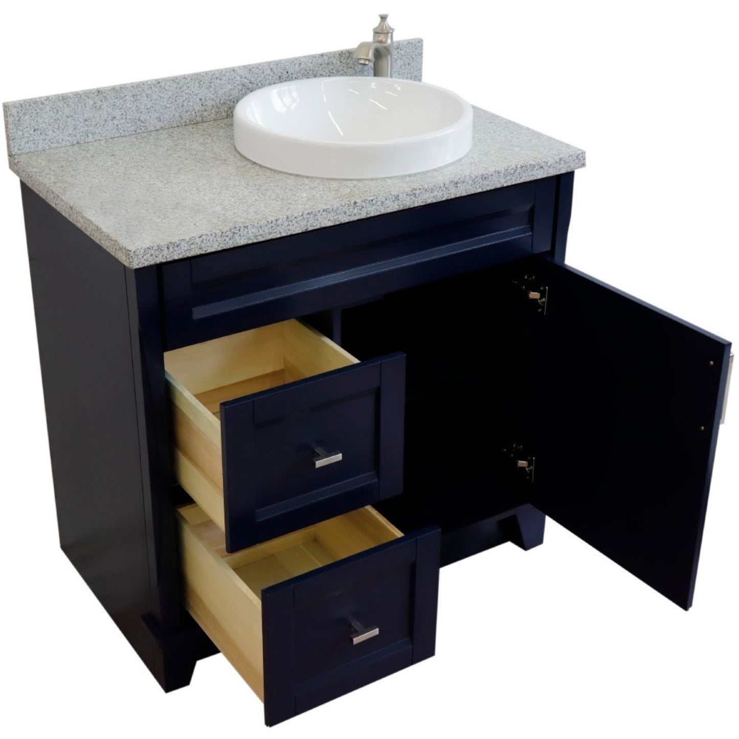 37" Single sink vanity in Blue finish with Gray granite and LEFT round sink RIGHT drawers