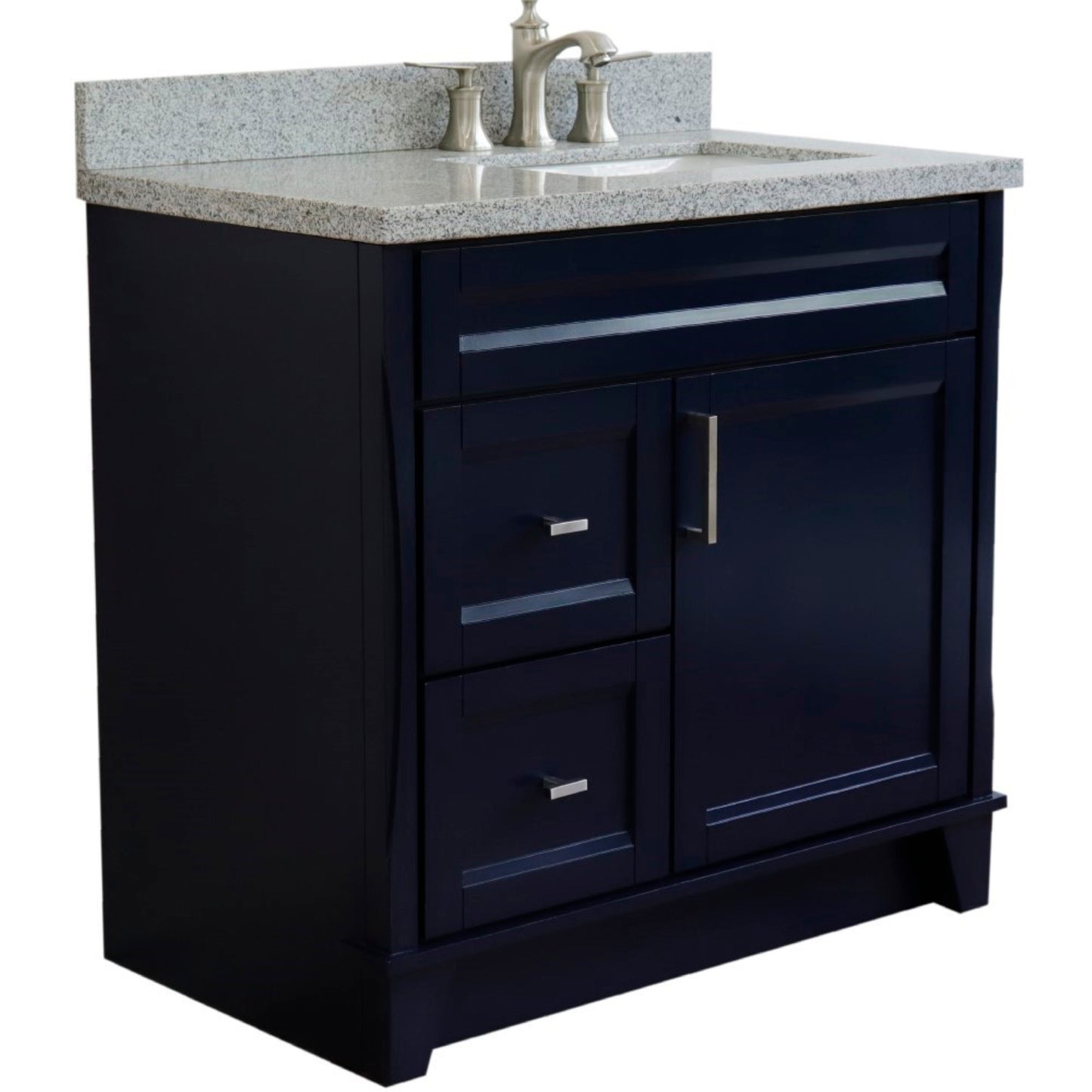 37" Single sink vanity in Blue finish with Gray granite and LEFT rectangle sink RIGHT drawers