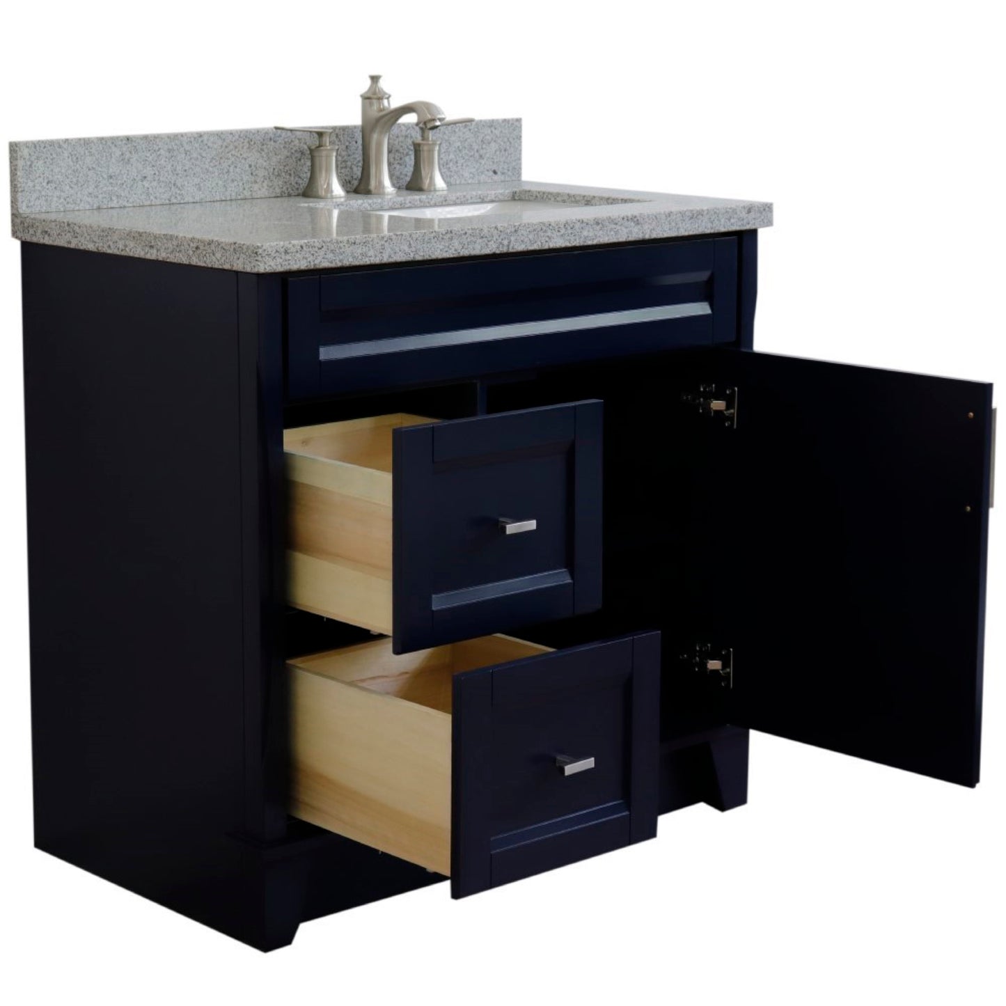 37" Single sink vanity in Blue finish with Gray granite and LEFT rectangle sink RIGHT drawers