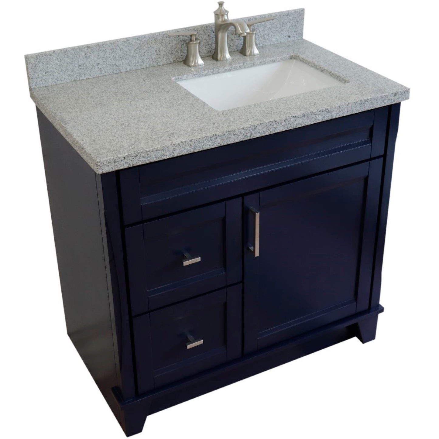 37" Single sink vanity in Blue finish with Gray granite and LEFT rectangle sink RIGHT drawers