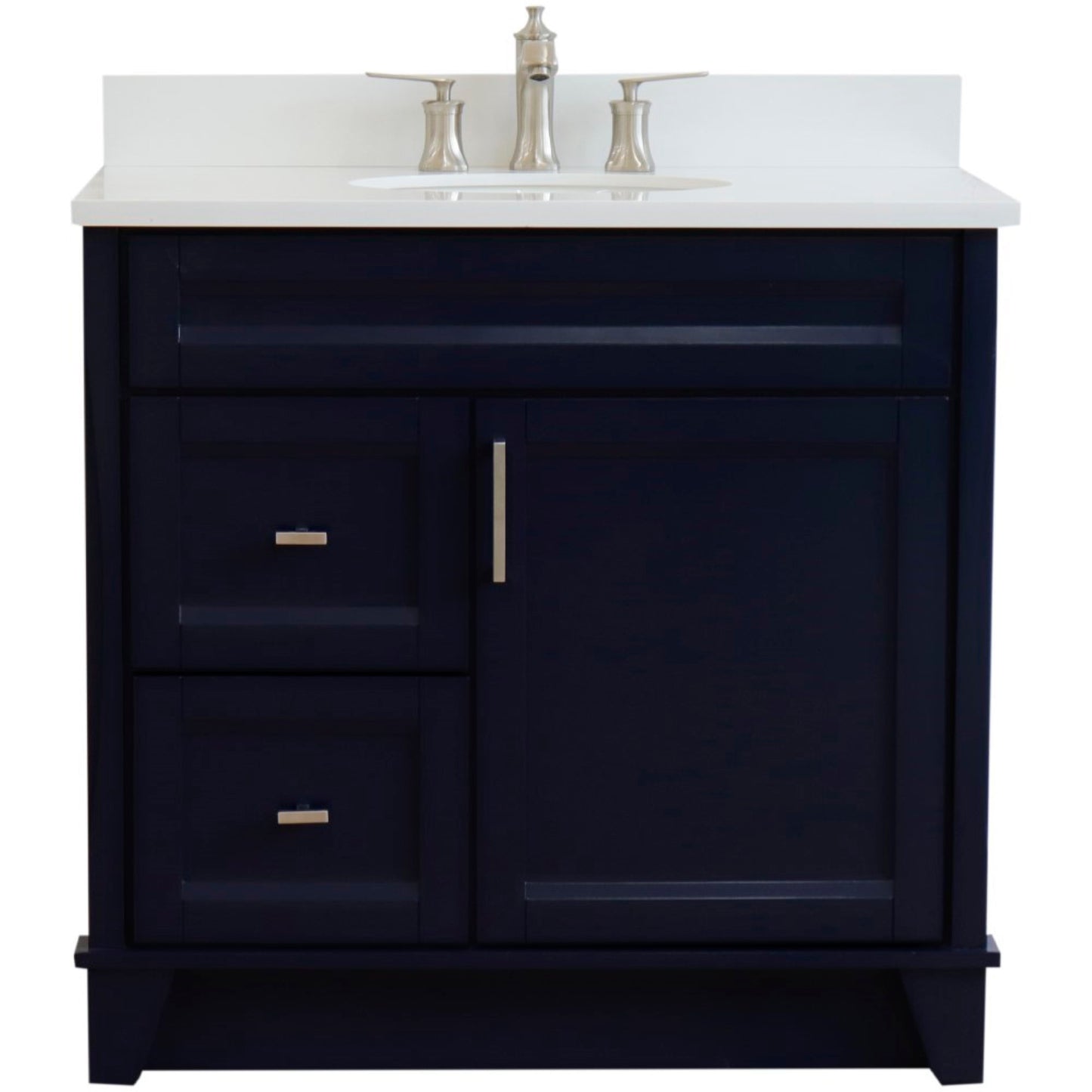 37" Single sink vanity in Blue finish with White engineered stone and CENTER oval sink RIGHT drawers