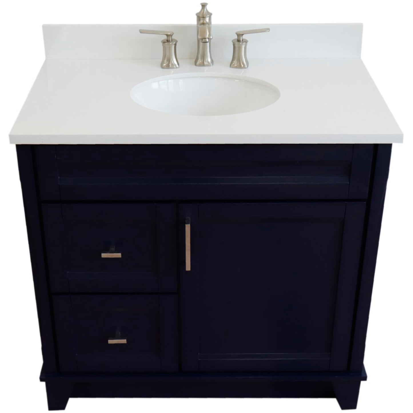 37" Single sink vanity in Blue finish with White engineered stone and CENTER oval sink RIGHT drawers