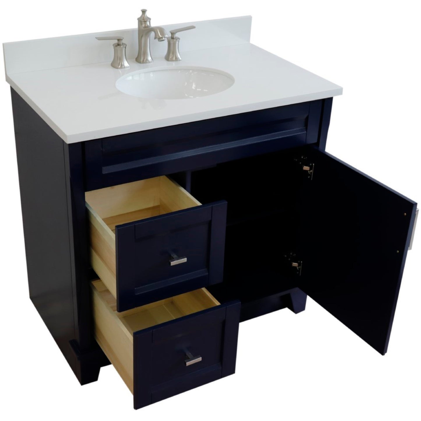 37" Single sink vanity in Blue finish with White engineered stone and CENTER oval sink RIGHT drawers