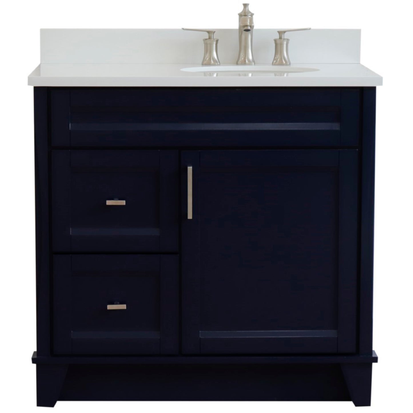 37" Single sink vanity in Blue finish with White engineered stone and LEFT oval sink RIGHT drawers
