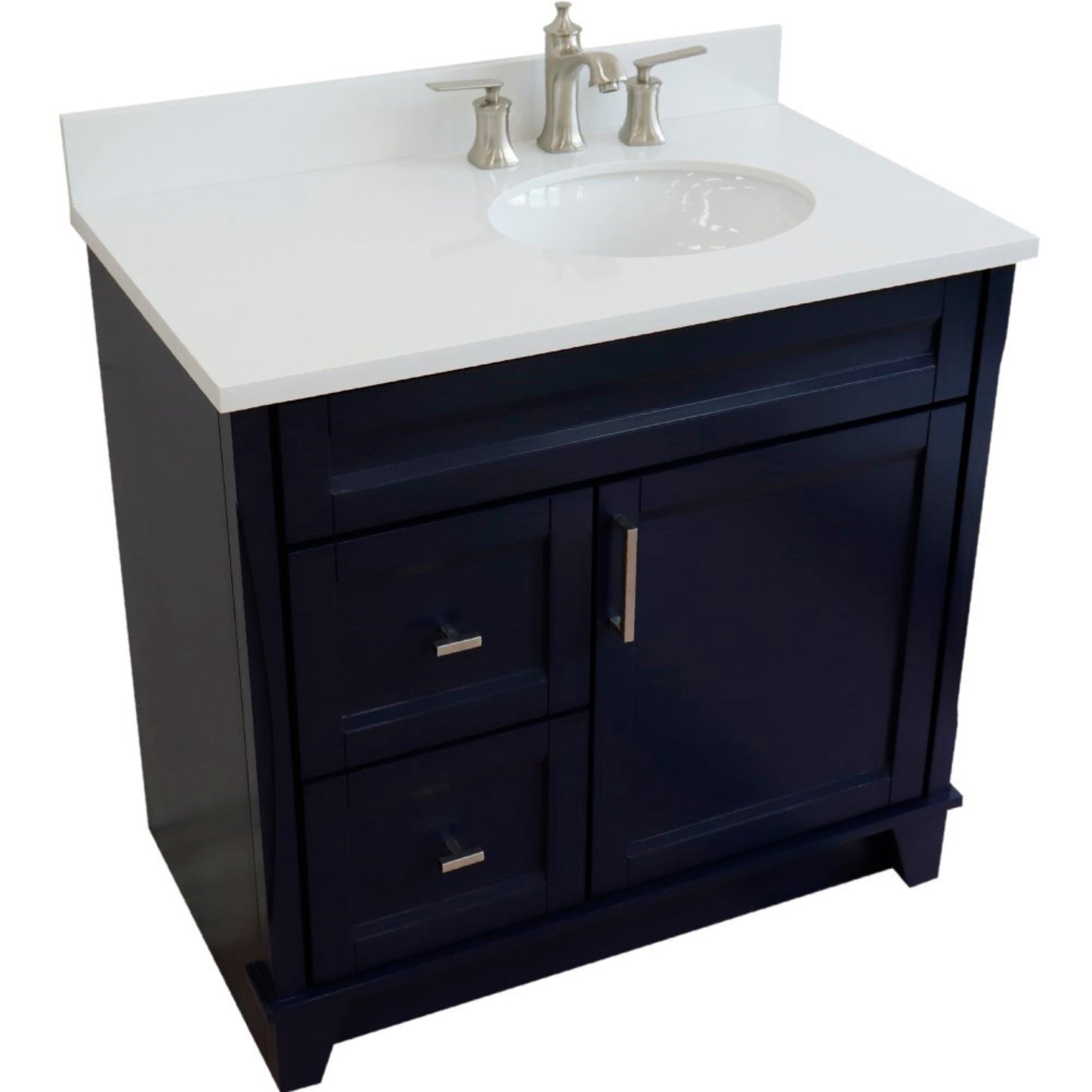 37" Single sink vanity in Blue finish with White engineered stone and LEFT oval sink RIGHT drawers