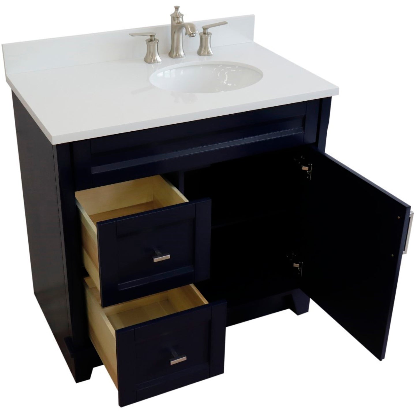 37" Single sink vanity in Blue finish with White engineered stone and LEFT oval sink RIGHT drawers