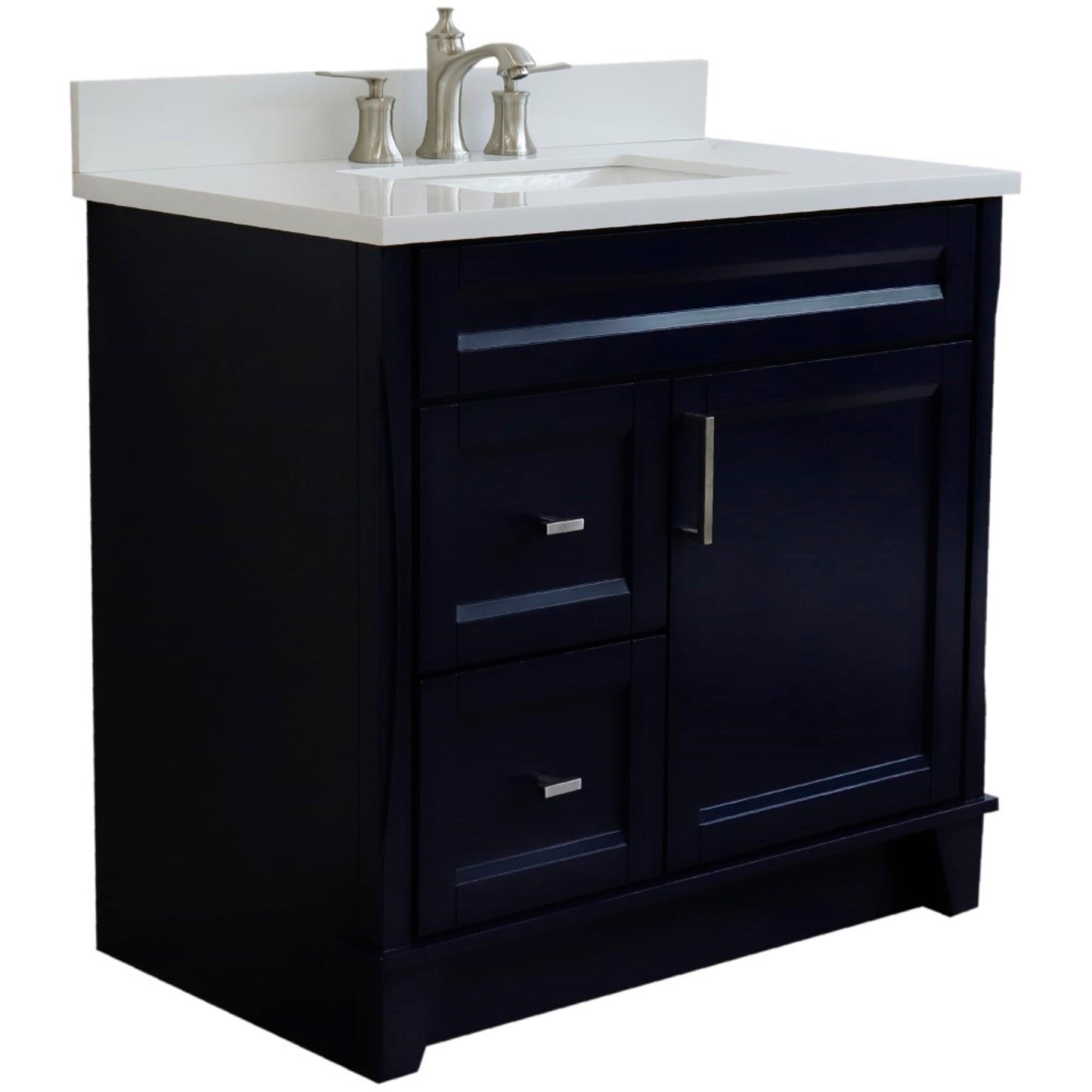 37" Single sink vanity in Blue finish with White engineered stone and CENTER rectangle sink RIGHT drawers