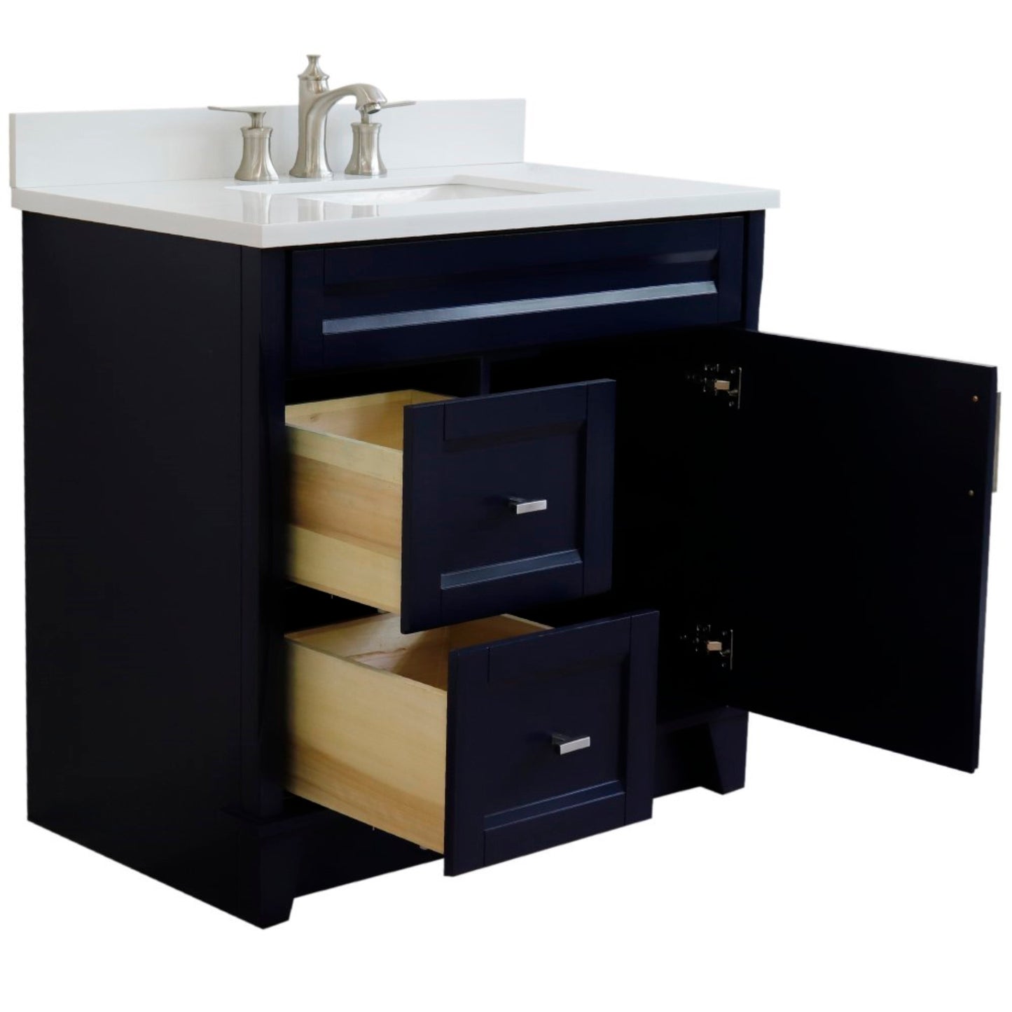 37" Single sink vanity in Blue finish with White engineered stone and CENTER rectangle sink RIGHT drawers