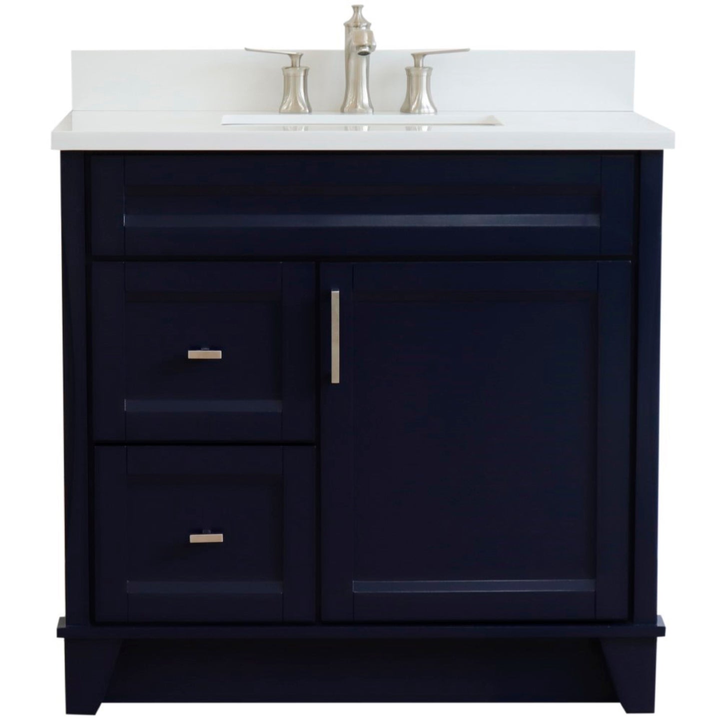 37" Single sink vanity in Blue finish with White engineered stone and CENTER rectangle sink RIGHT drawers