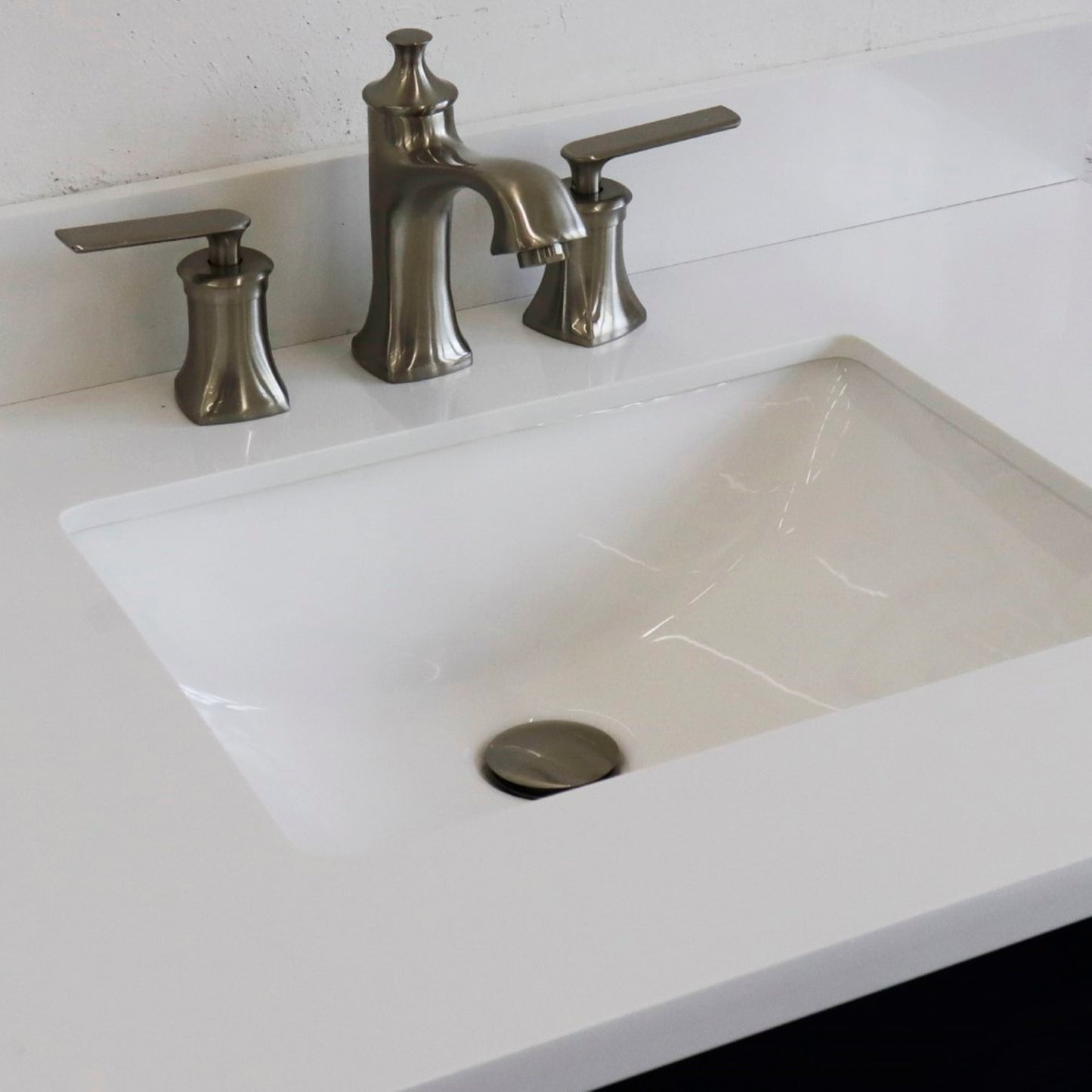37" Single sink vanity in Blue finish with White engineered stone and CENTER rectangle sink RIGHT drawers