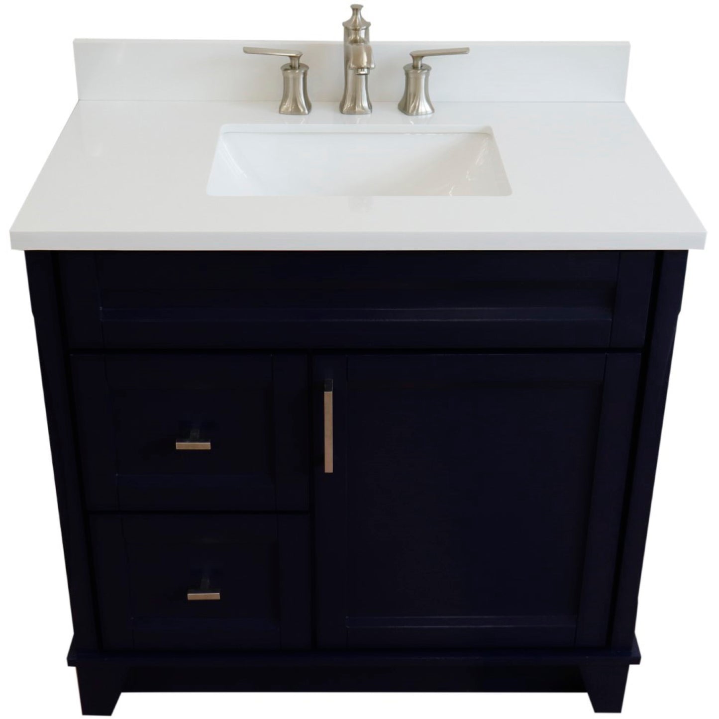 37" Single sink vanity in Blue finish with White engineered stone and CENTER rectangle sink RIGHT drawers