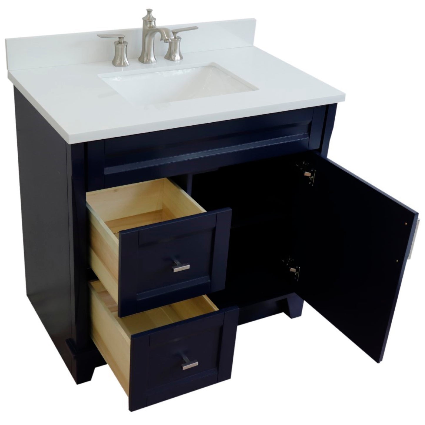 37" Single sink vanity in Blue finish with White engineered stone and CENTER rectangle sink RIGHT drawers