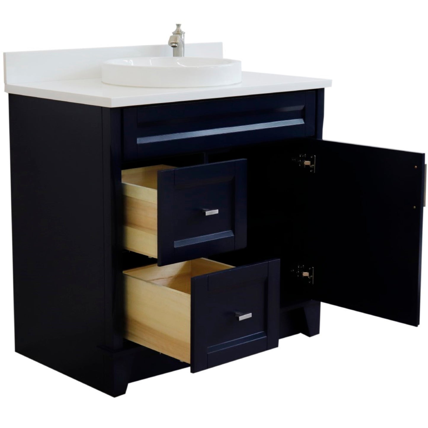 37" Single sink vanity in Blue finish with White engineered stone and CENTER round sink RIGHT drawers