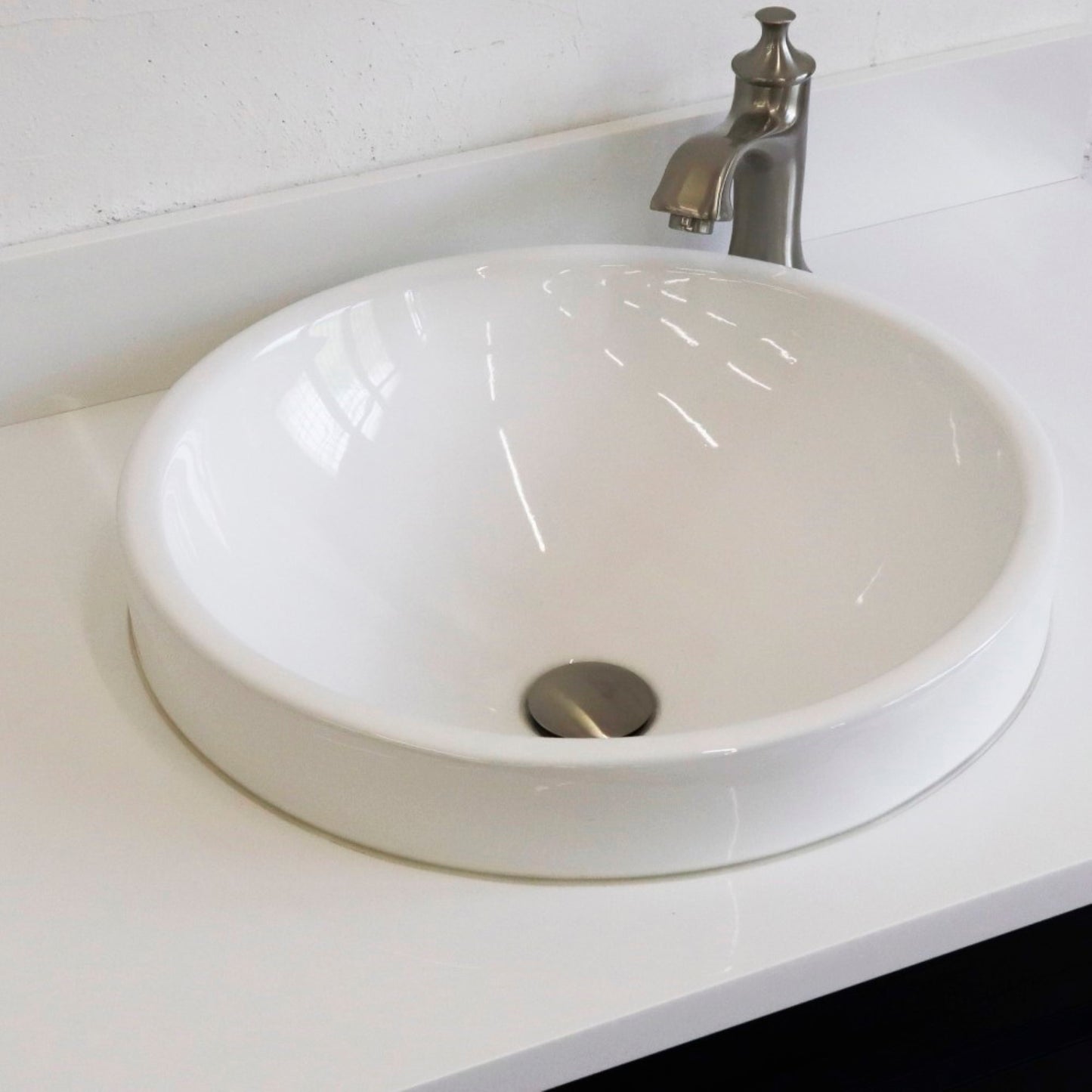 37" Single sink vanity in Blue finish with White engineered stone and CENTER round sink RIGHT drawers