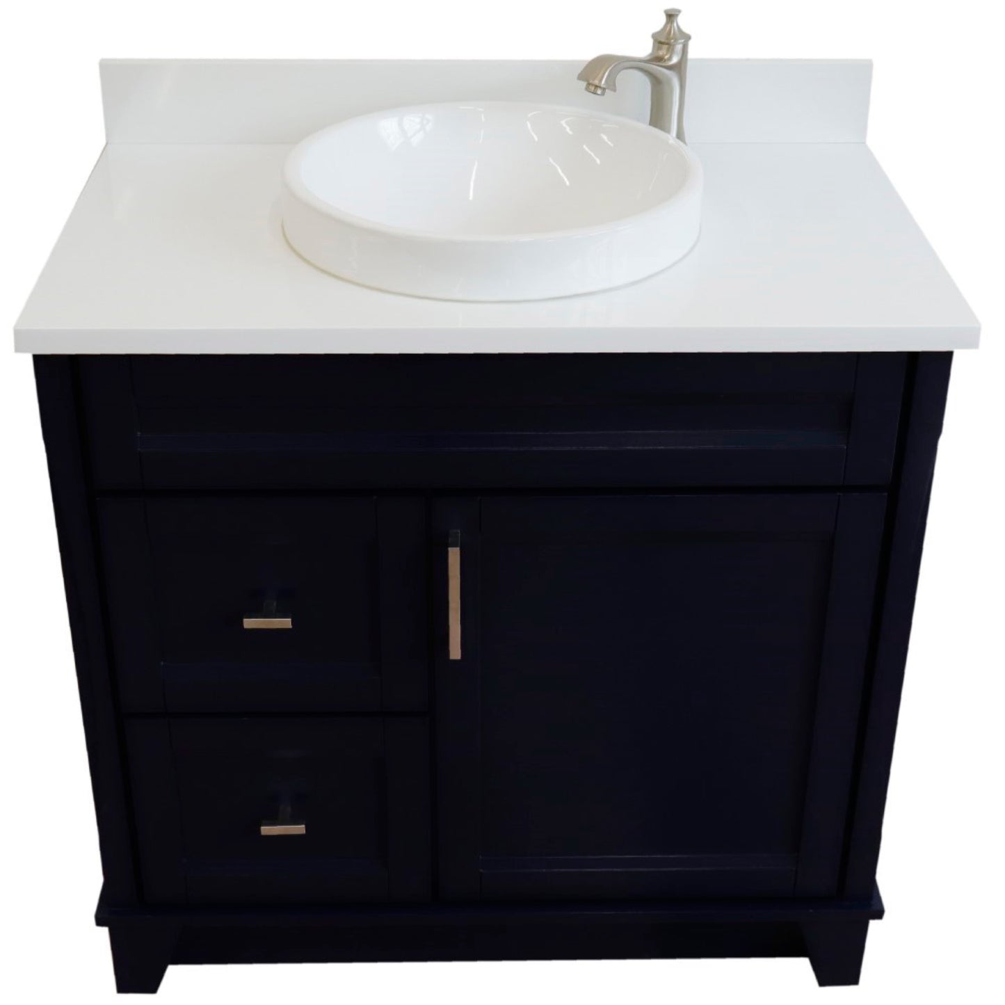 37" Single sink vanity in Blue finish with White engineered stone and CENTER round sink RIGHT drawers