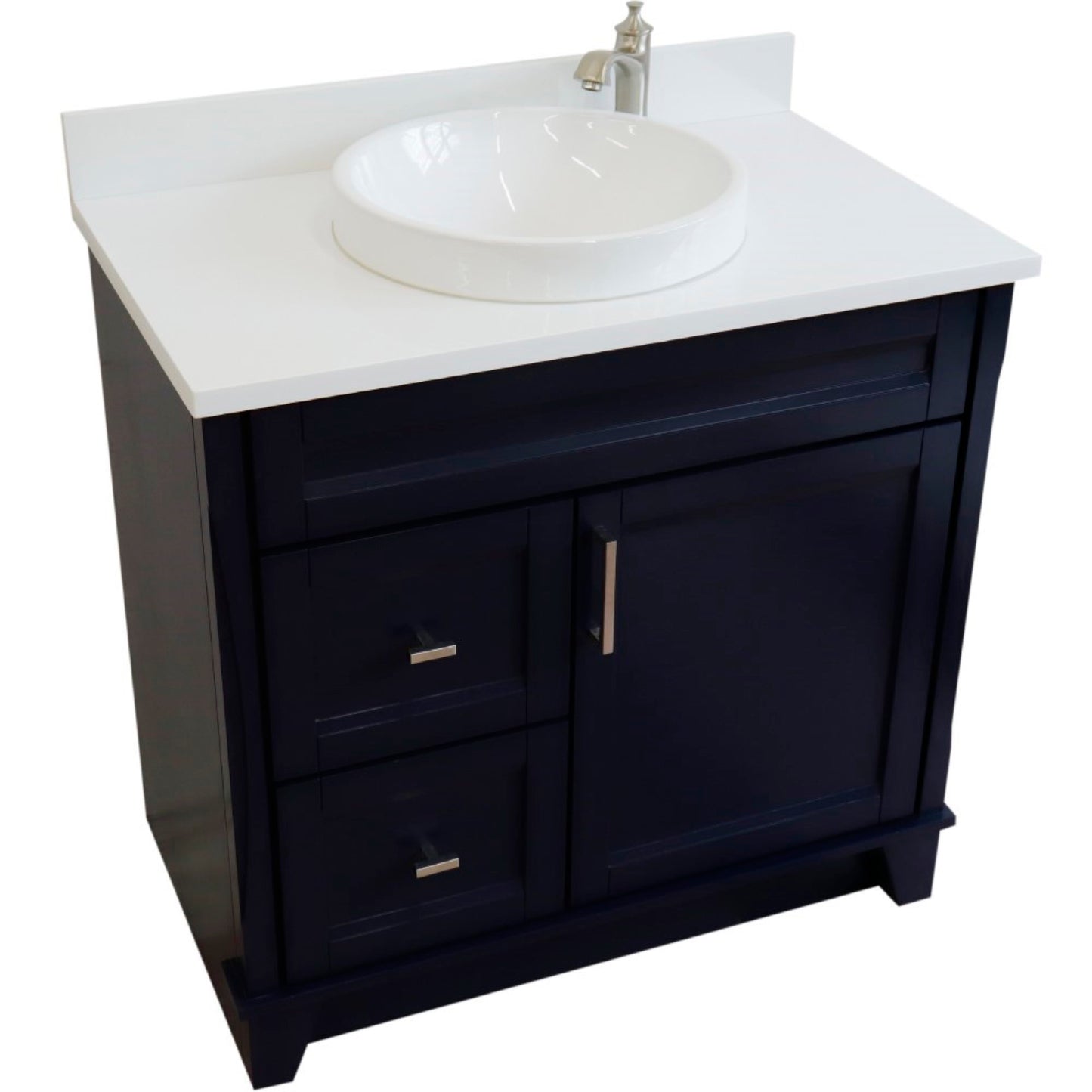 37" Single sink vanity in Blue finish with White engineered stone and CENTER round sink RIGHT drawers