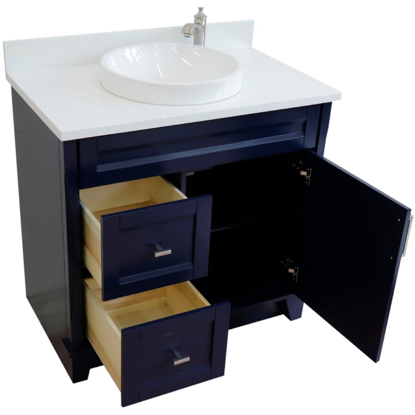 37" Single sink vanity in Blue finish with White engineered stone and CENTER round sink RIGHT drawers