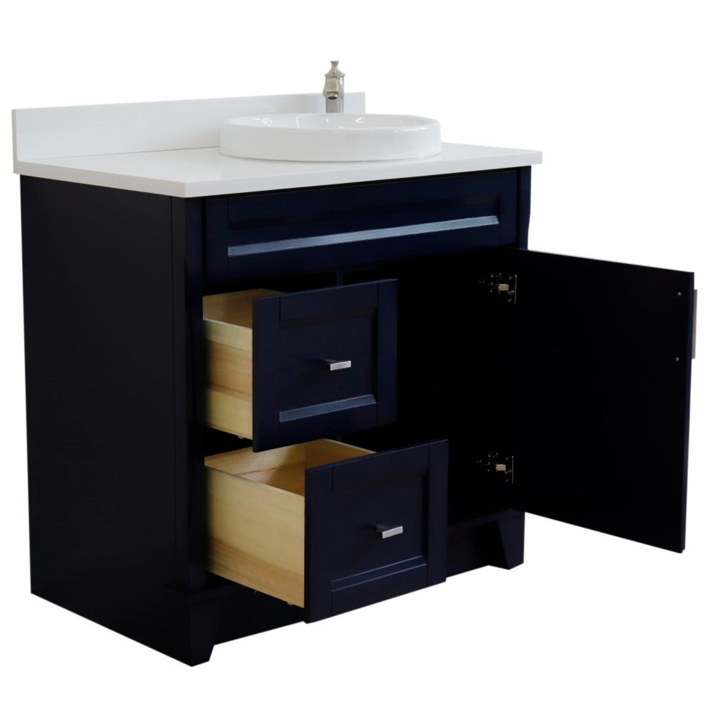 37" Single sink vanity in Blue finish with White engineered stone and LEFT round sink RIGHT drawers