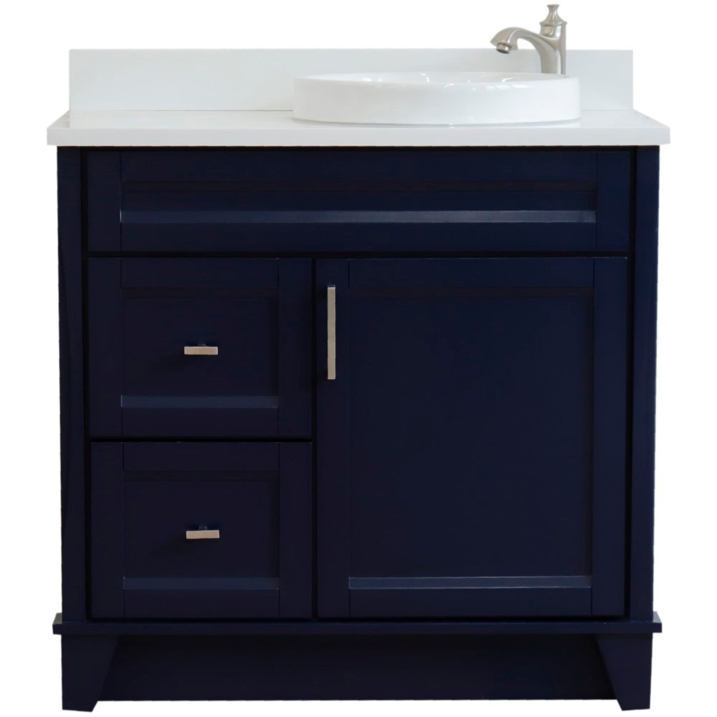 37" Single sink vanity in Blue finish with White engineered stone and LEFT round sink RIGHT drawers