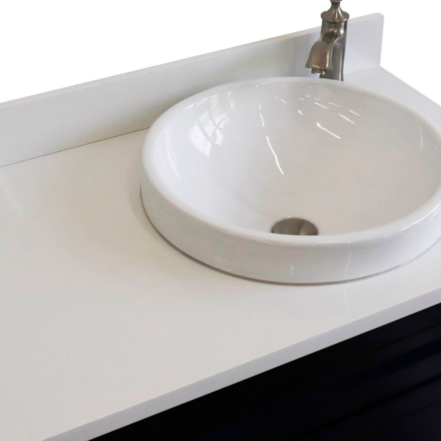 37" Single sink vanity in Blue finish with White engineered stone and LEFT round sink RIGHT drawers