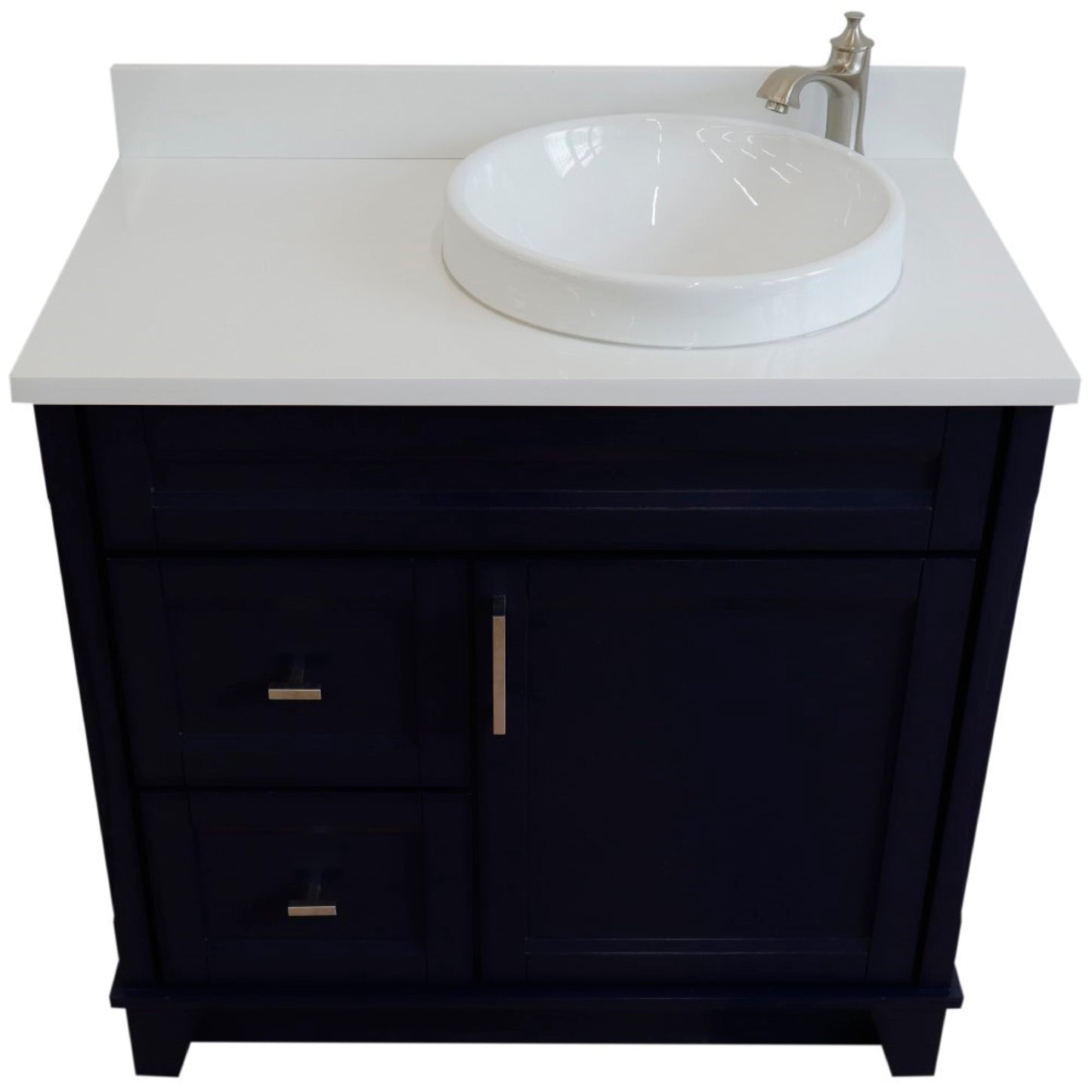 37" Single sink vanity in Blue finish with White engineered stone and LEFT round sink RIGHT drawers