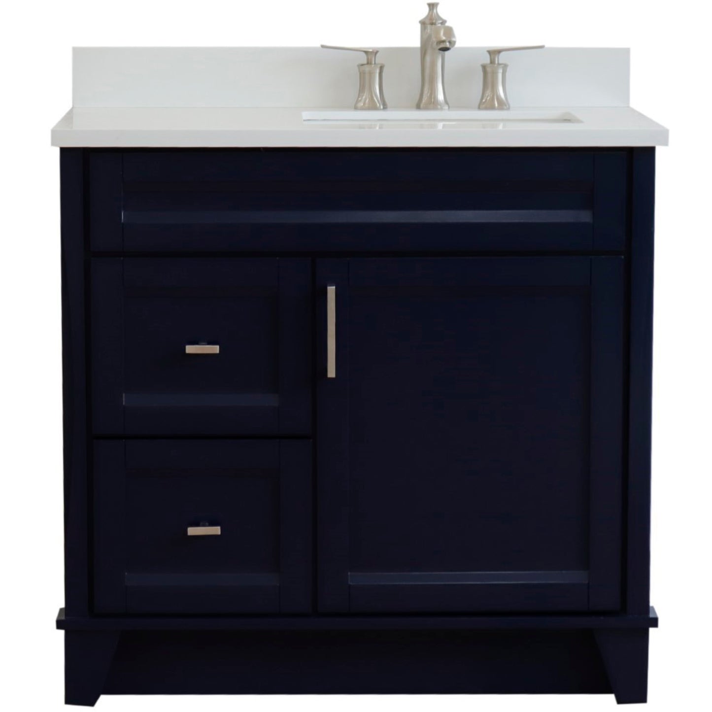 37" Single sink vanity in Blue finish with White engineered stone and LEFT rectangle sink RIGHT drawers