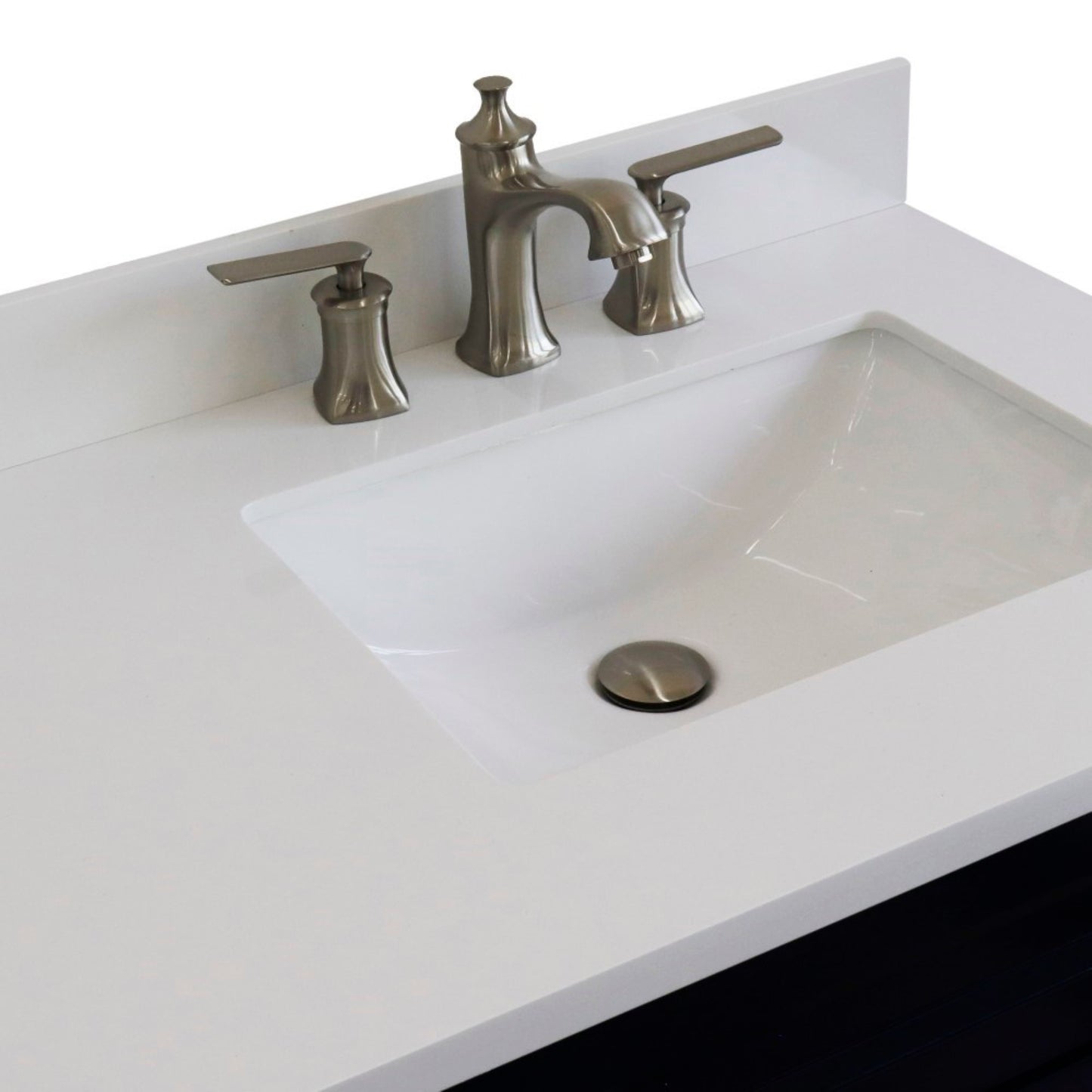 37" Single sink vanity in Blue finish with White engineered stone and LEFT rectangle sink RIGHT drawers