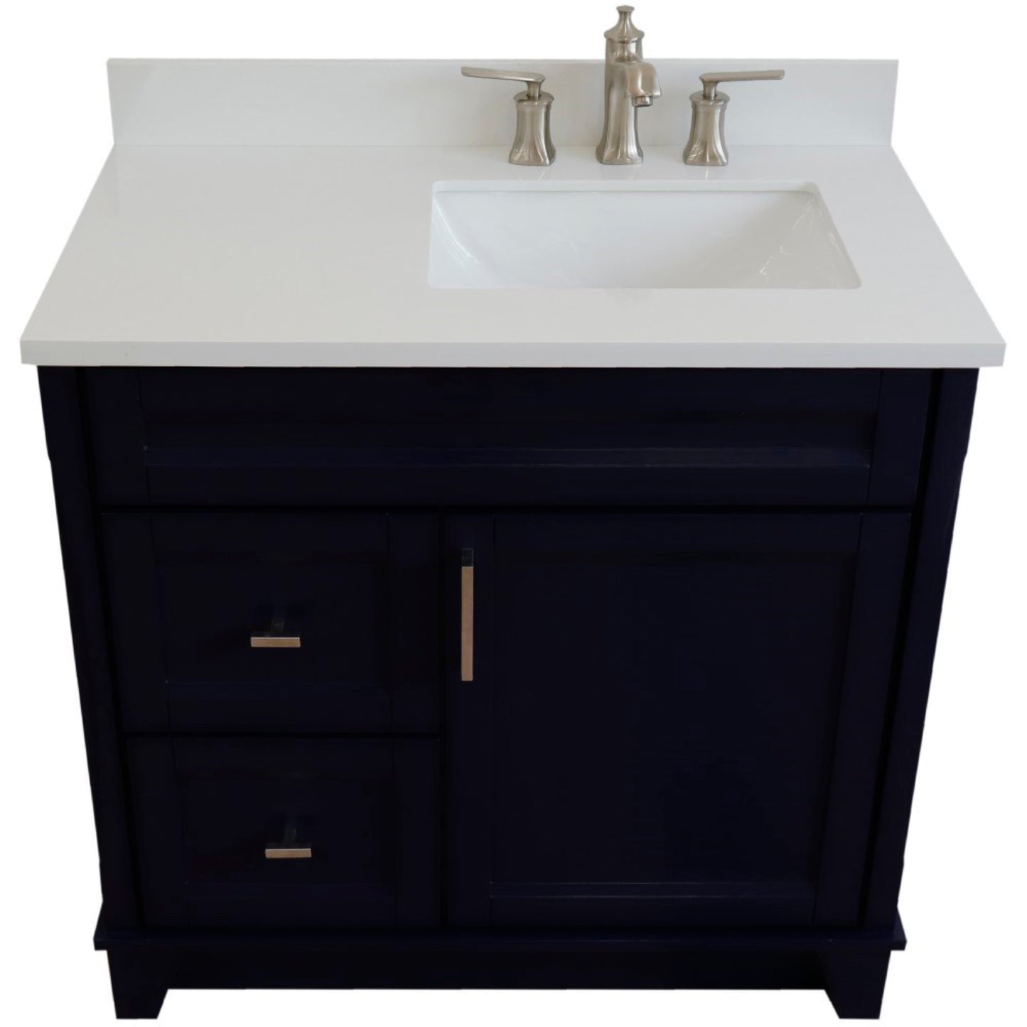 37" Single sink vanity in Blue finish with White engineered stone and LEFT rectangle sink RIGHT drawers