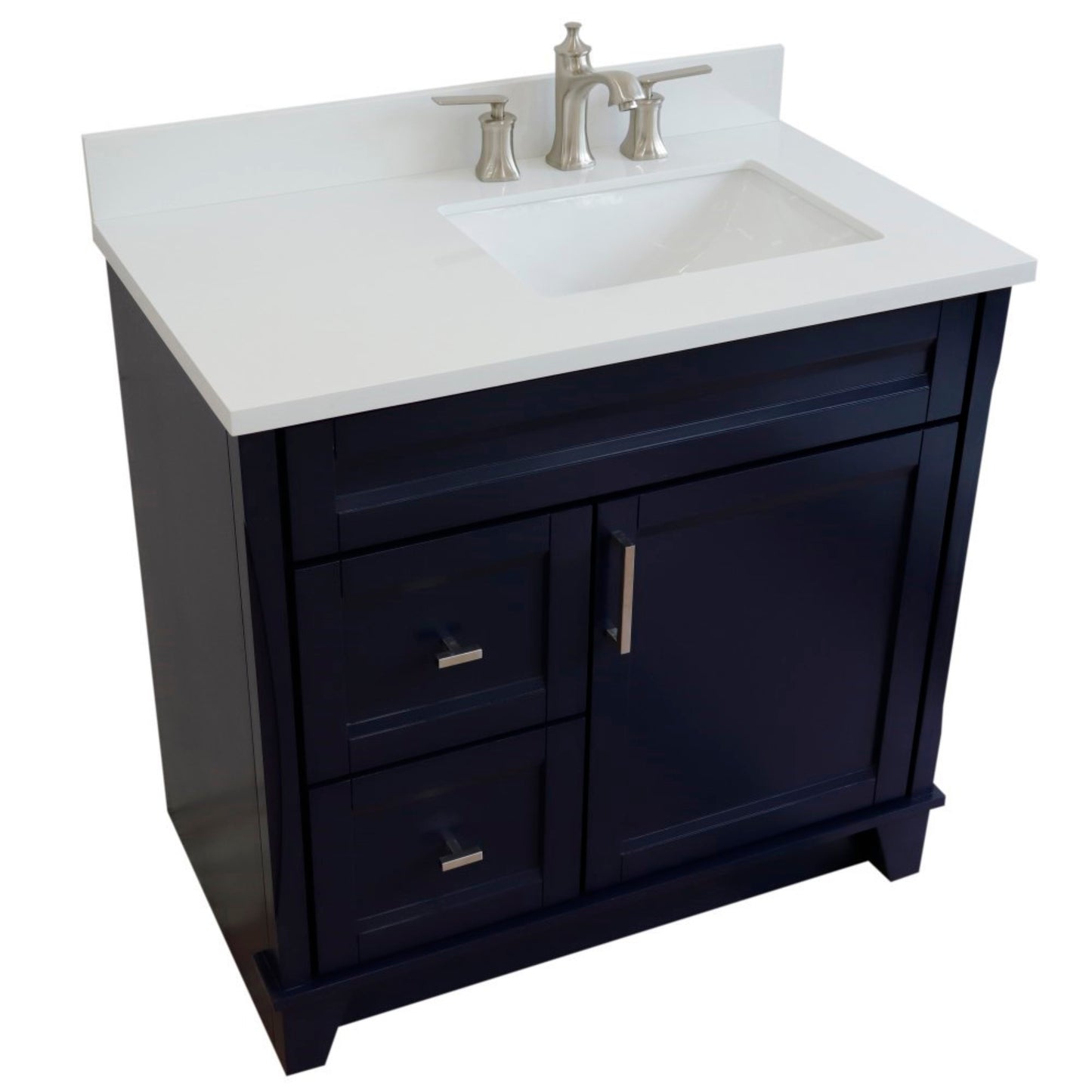 37" Single sink vanity in Blue finish with White engineered stone and LEFT rectangle sink RIGHT drawers