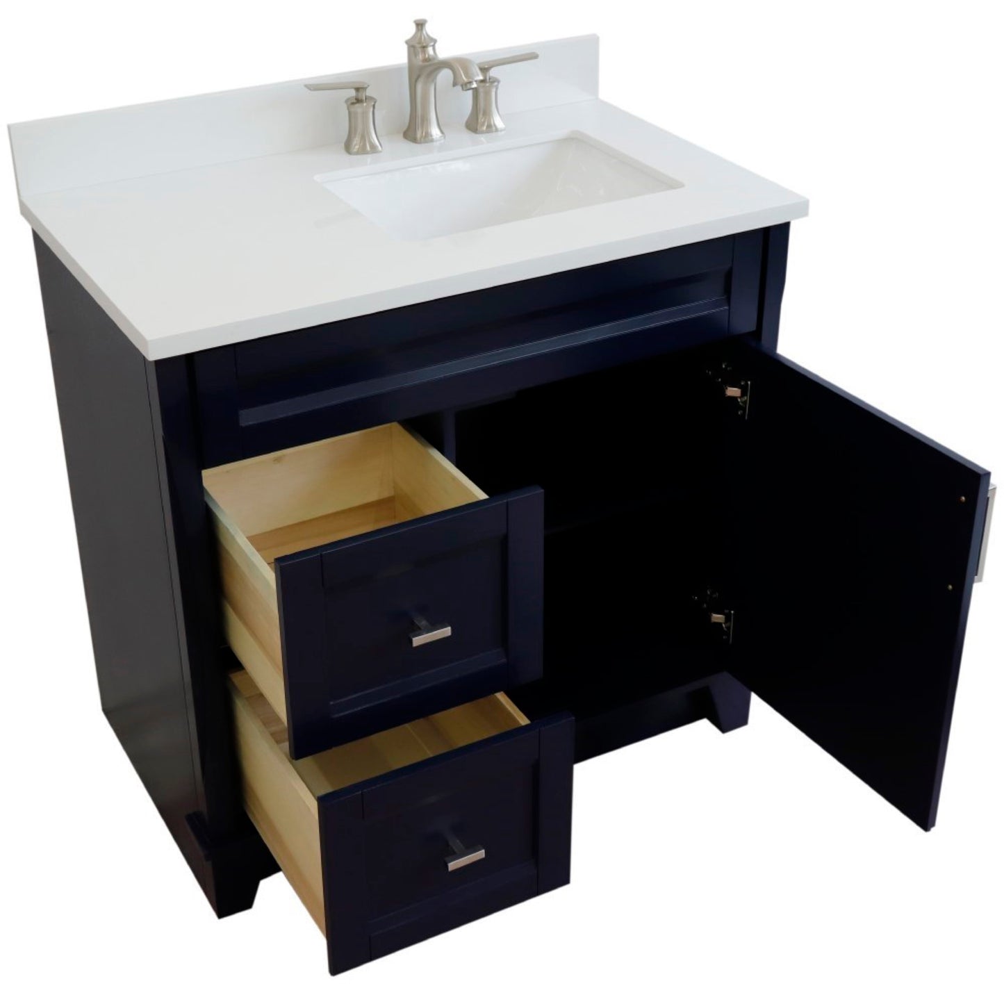 37" Single sink vanity in Blue finish with White engineered stone and LEFT rectangle sink RIGHT drawers