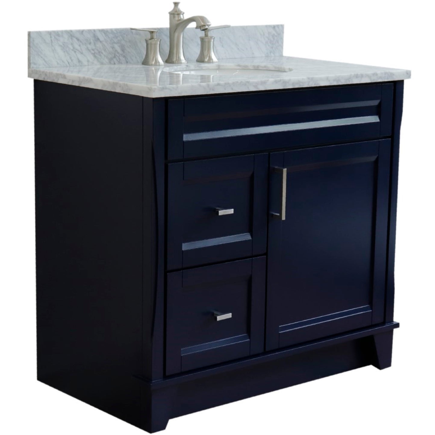37" Single sink vanity in Blue finish with White Carrara marble and CENTER oval sink RIGHT drawers