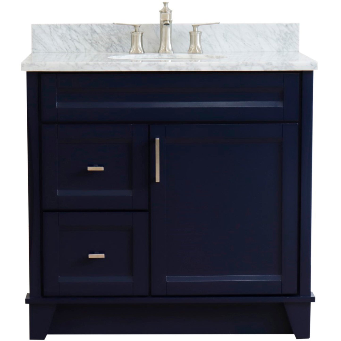 37" Single sink vanity in Blue finish with White Carrara marble and CENTER oval sink RIGHT drawers
